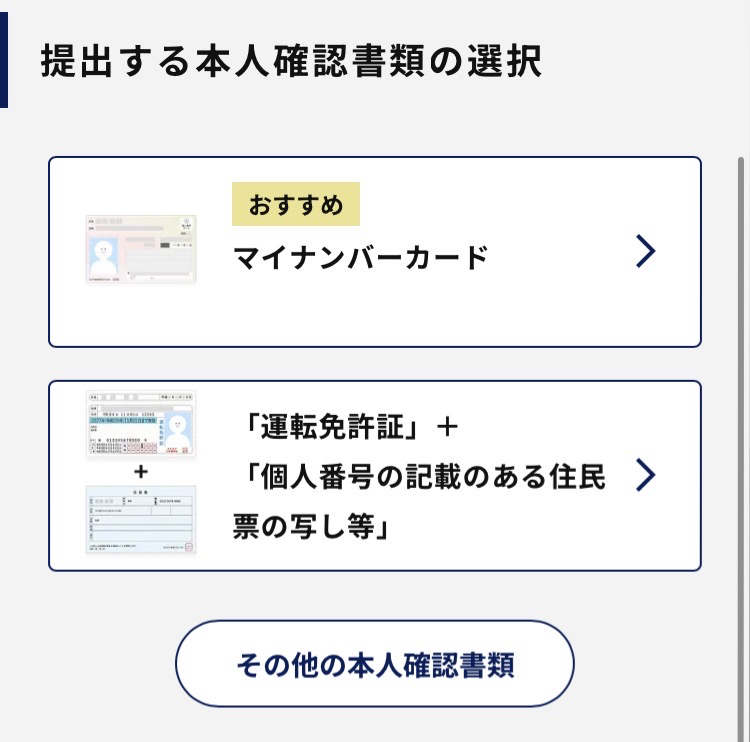 提出する本人確認書類の選択画面