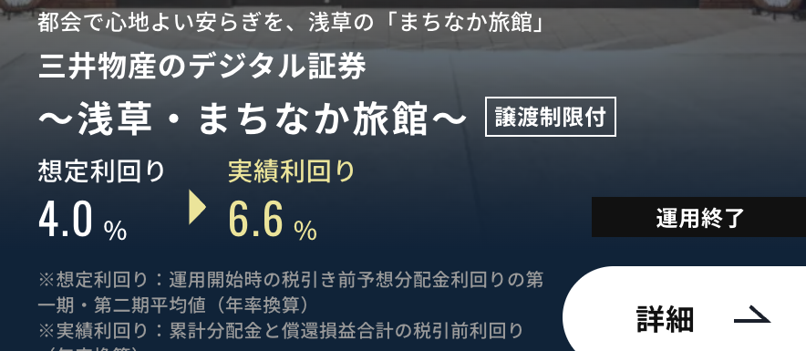 浅草・まちなか旅館案件:想定利回り4.0%→実績利回り6.6%(運用終了)
